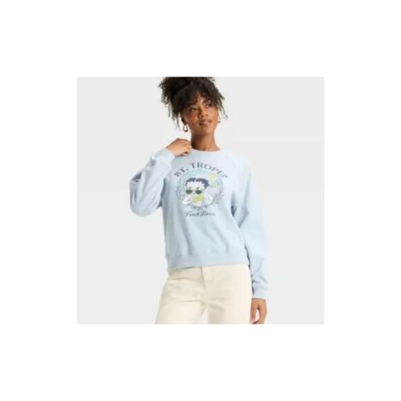 WOMEN'S BETTY BOOP ST TROPEZ BABY BLUE GRAPHIC CREWNECK SWEATSHIRT XXL NWT - Picture 1 of 6